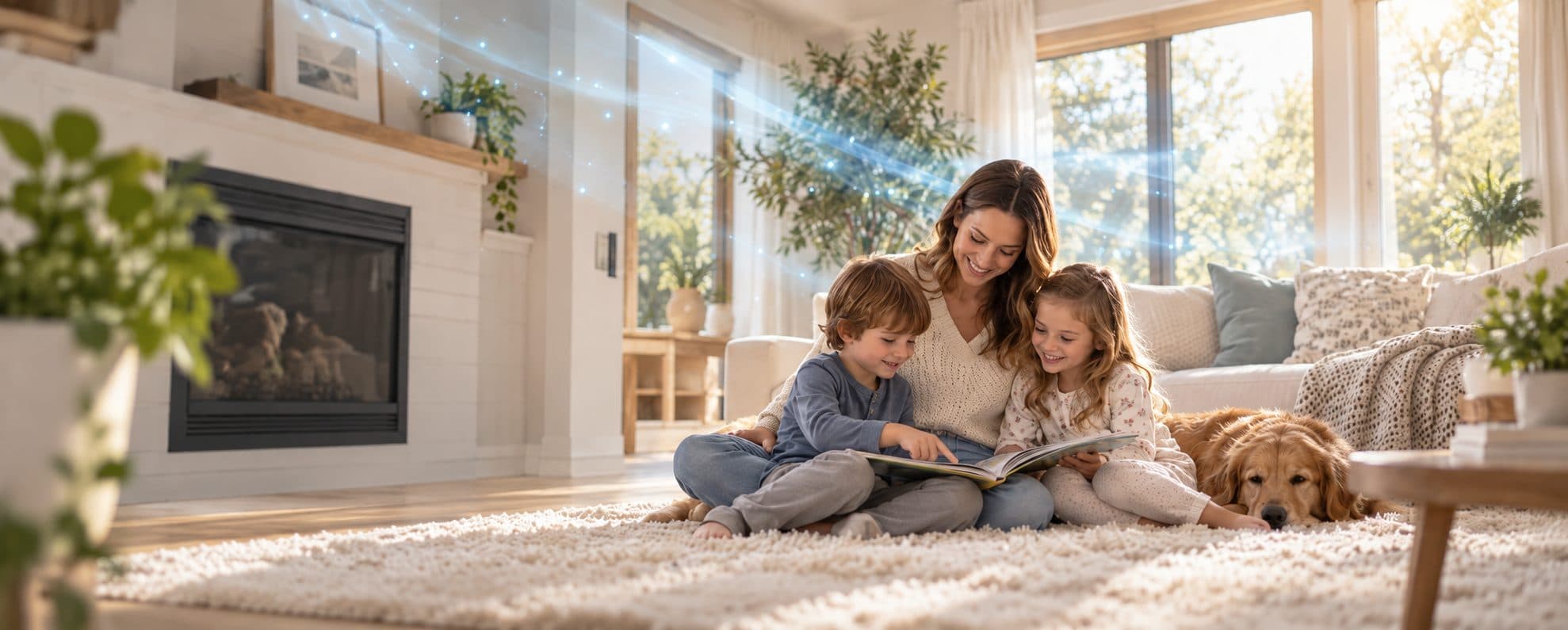 A mother reading with her two children and their dog on the living-room rug as treated air moves through the room