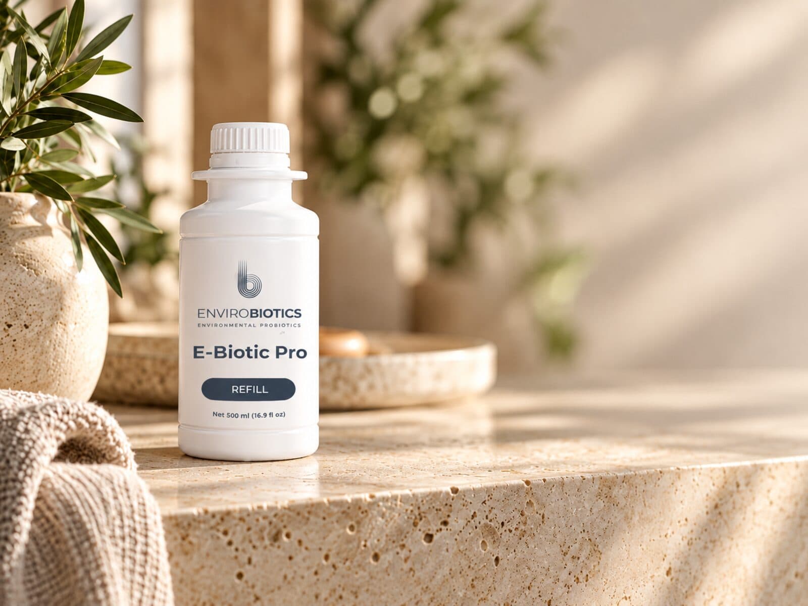 An E-Biotic Pro refill bottle on a sunlit stone counter