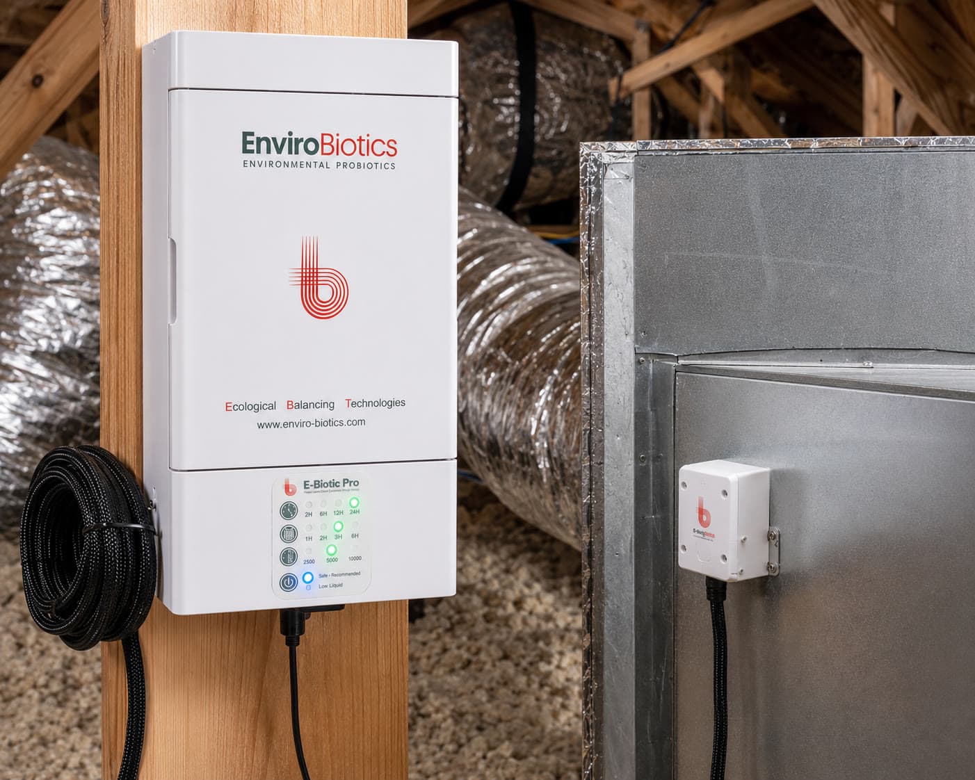 E-Biotic Pro unit mounted beside the HVAC ductwork in an attic